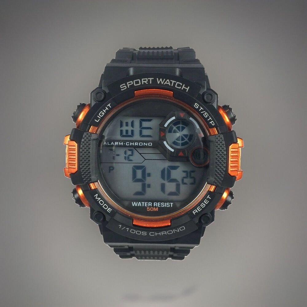 George Men's Digital Sport Watch Black &Orange Accent-50M WR-Model 82135-NEW IB